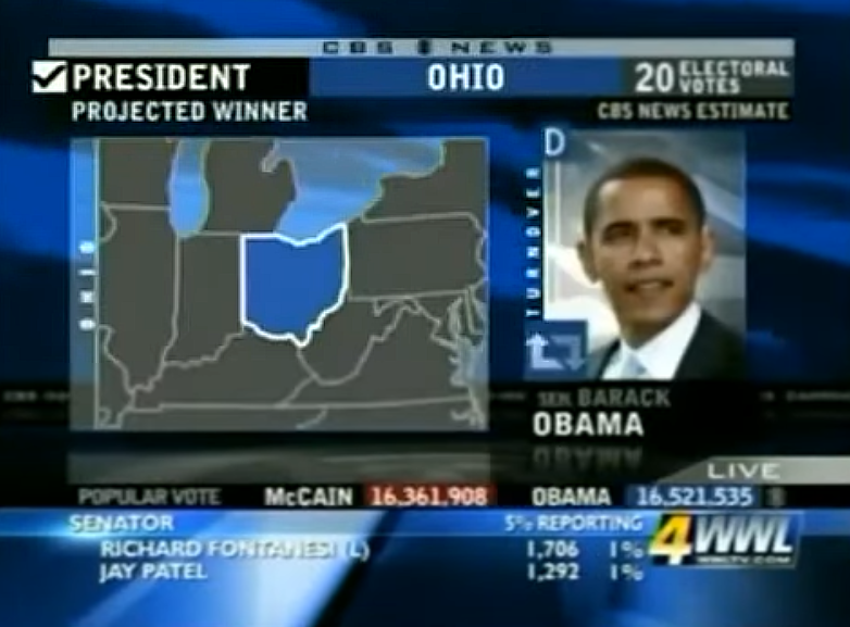 ElectionVintage's tweet image. CBS&apos;s call of Ohio for Barack Obama in 2008.