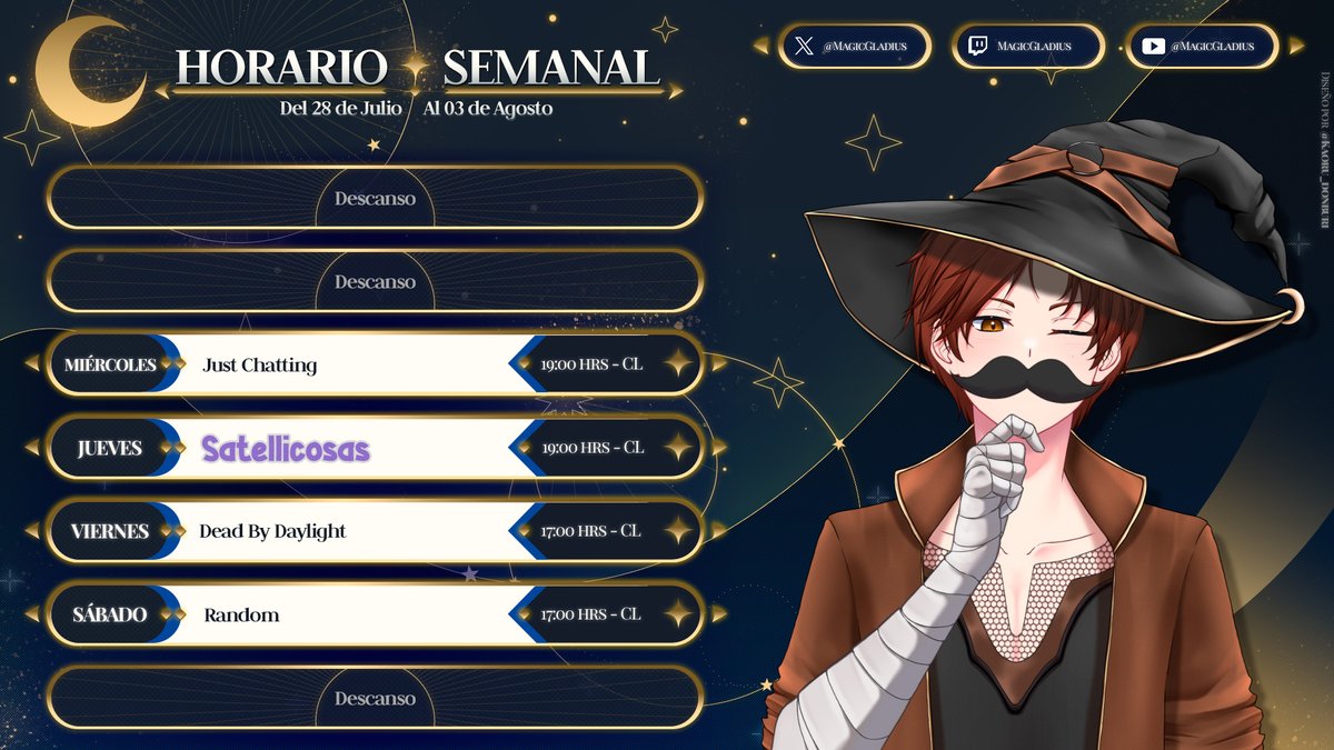 magicgladius's tweet image. ☪️Horario Semanal☪️
Esta semana tenemos el podcast favorito de todos ustedes con todo @satellitemoe !!!! acompañame a charlar y jugar con un fin de semana random 🫣🫣
#vtuber #streamschedule #VTuberUprising #horariovtuber
