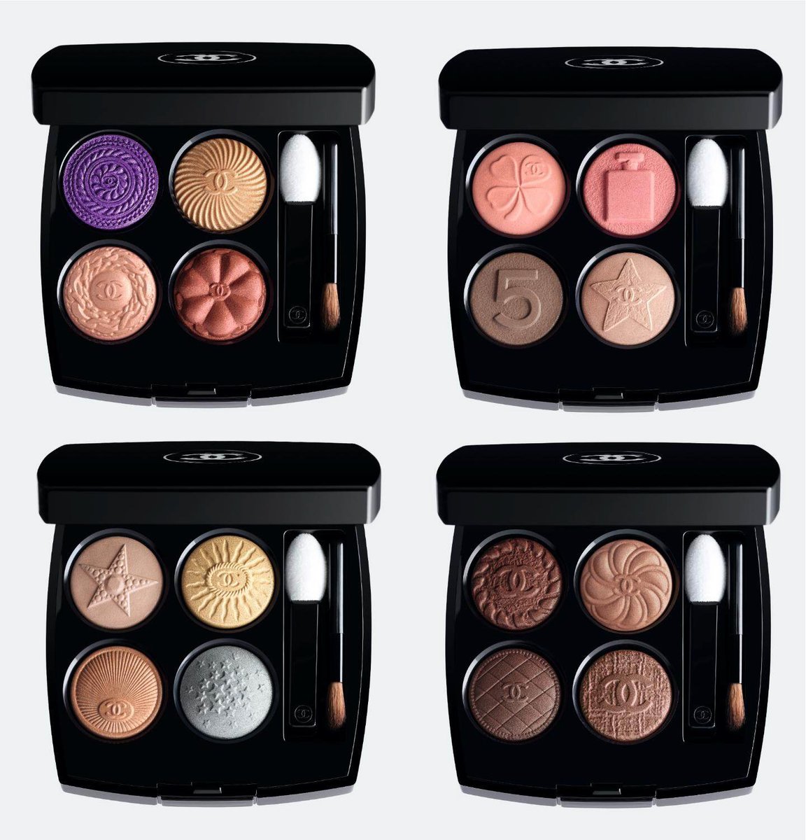 lipsjp's tweet image. CHANELの大人気アイパレ「レ キャトル オンブル」から限定色4種が登場🌟
「ボタン」から着想を得たアイシャドウで、シャネル N°5のボトルやカメリア、天の川、クローバーなどのラッキーアイコンが刻印されてるよ❣️
見ているだけでワクワクしちゃう💓
8月22日(金)数量限定発売💡