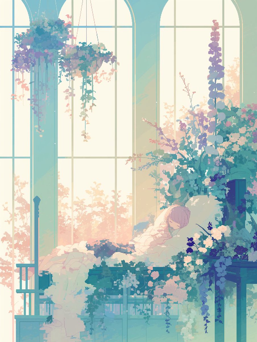 tsubasa_mz's tweet image. 昼ぽす。
去年の夏、花でいっぱいのサンルームで眠る絵を作ってたんだけど、そのプロンプトとビットとpを組み合わせて色々…pすると余白が増える…🤔
- ちょい効きすぎ… -