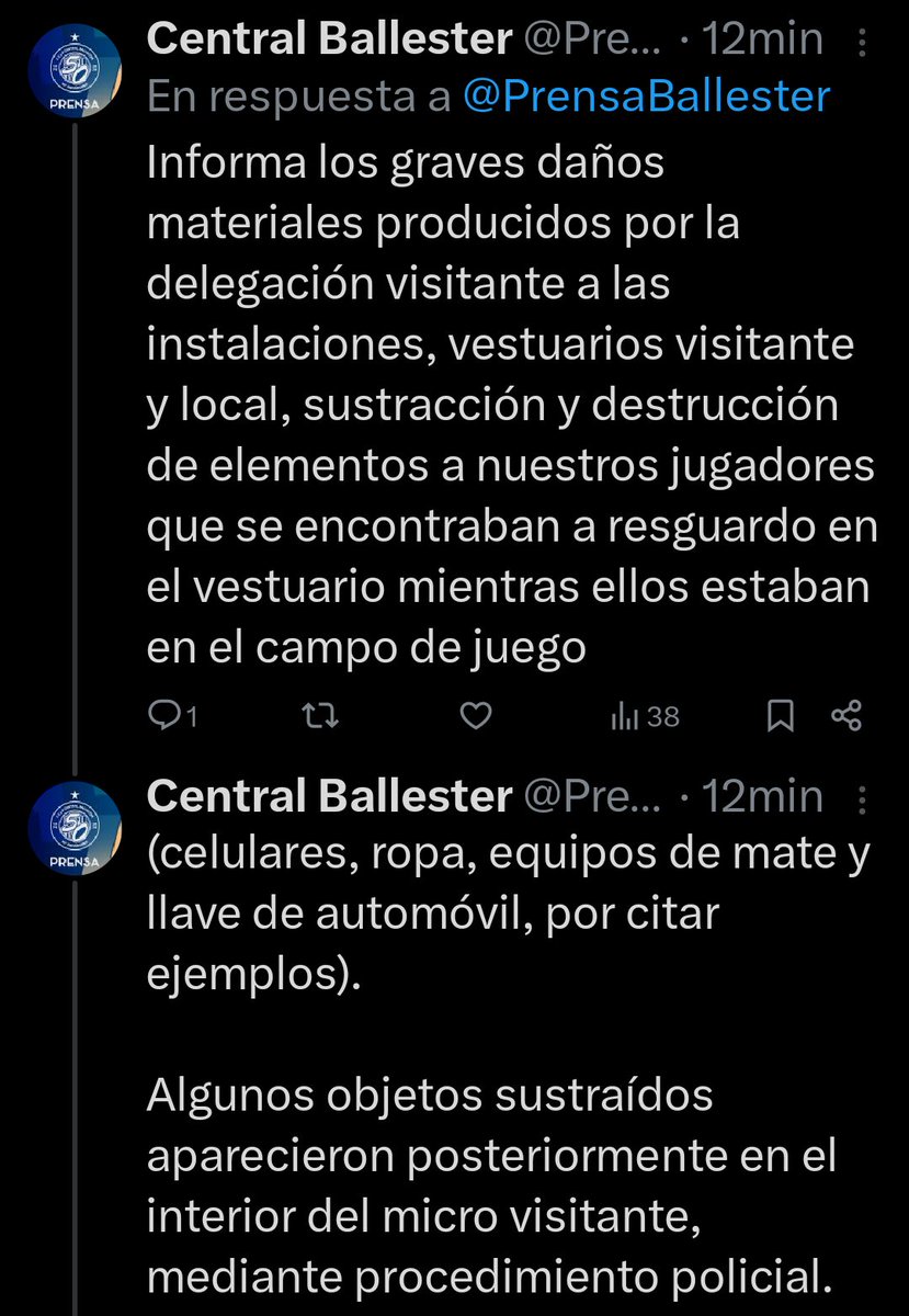 ElAscensox3's tweet image. 🇺🇦 Comunicado de Prensa de CENTRAL BALLESTER tras los graves incidentes de está tarde.

👤 @DanielCacioli
