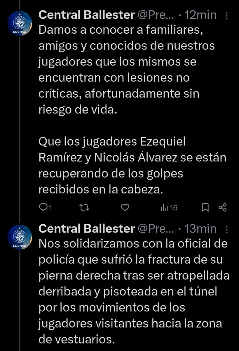 ElAscensox3's tweet image. 🇺🇦 Comunicado de Prensa de CENTRAL BALLESTER tras los graves incidentes de está tarde.

👤 @DanielCacioli