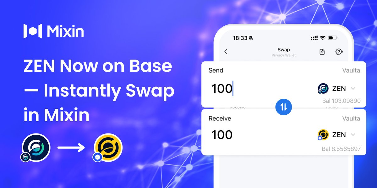 MixinKernel's tweet image. 🎉 Congrats to @horizenglobal on the successful launch of $ZEN on @base — a big step forward for privacy-first modular finance!
We&apos;re excited to support this upgrade:
Users can now swap their original $ZEN to the new Base version via @MixinMessenger&apos;s in-app swap feature, 1:1.…