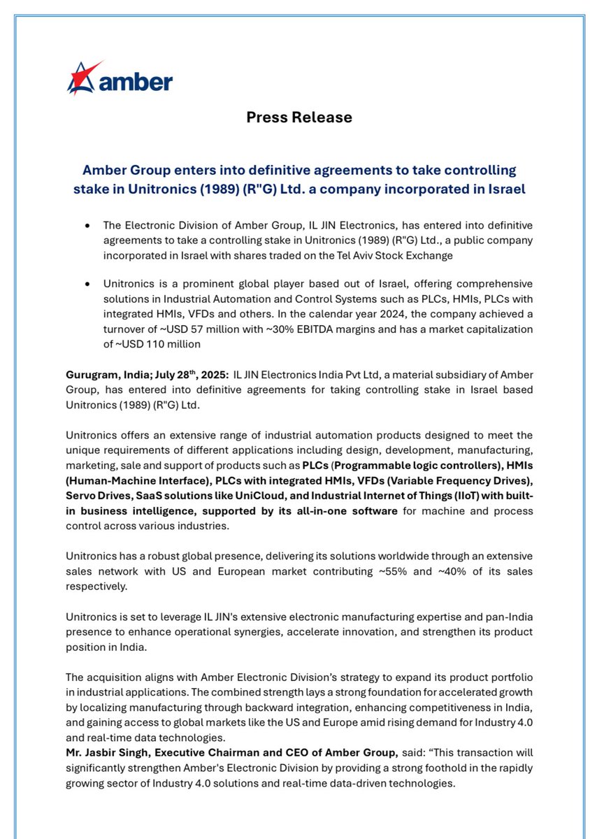 AimInvestments's tweet image. Amber Enterprises takes controlling stake in Unitronics (Israel) a company focusing on Industrial Automation
Good strategic move in B2B business