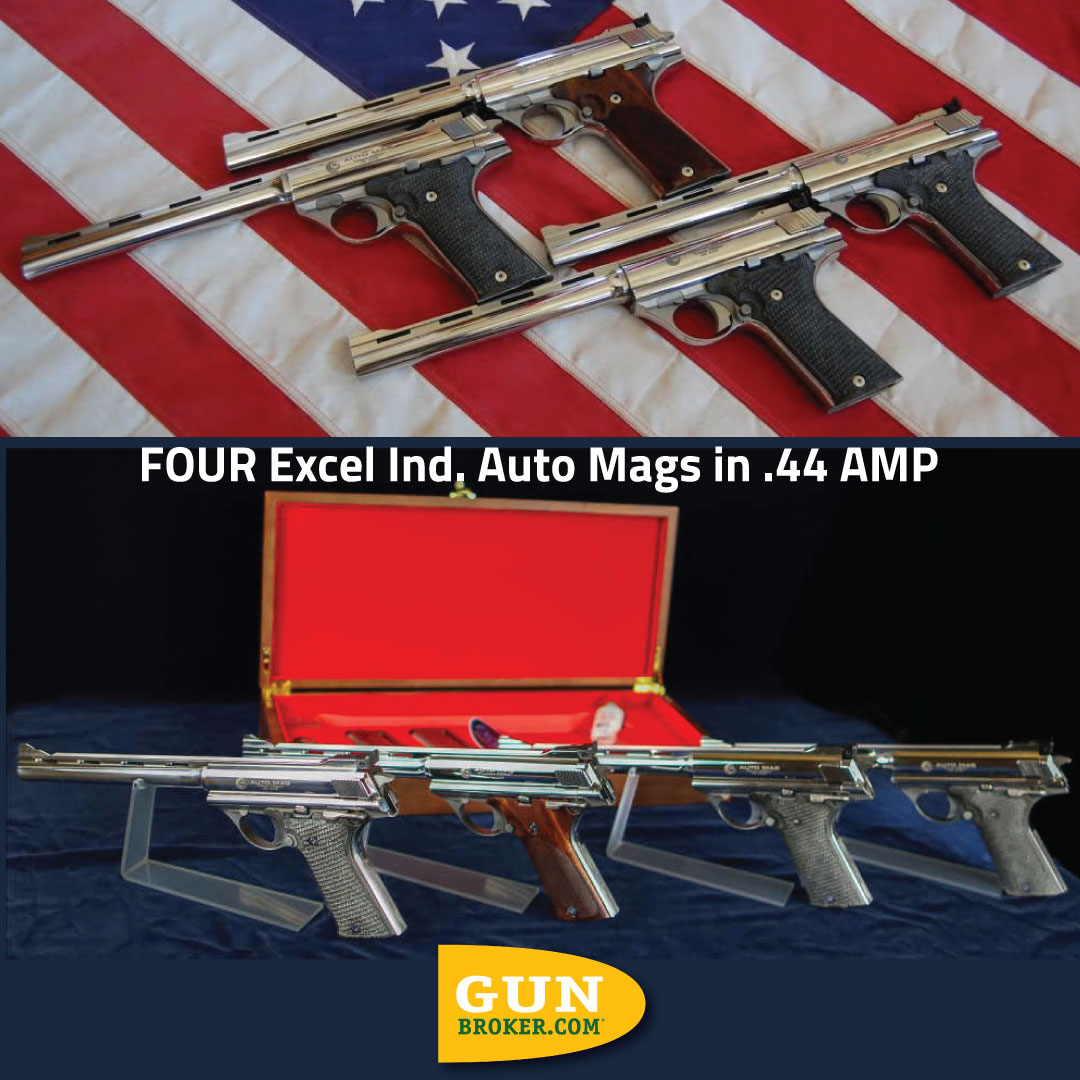 GunBroker's tweet photo. #SundayGunday: The only Four AUTO MAGS in Existence For Production made by Excel Industries 🔥
🔗 View the full set: https://t.co/rJKLy21e14 

💬 Which would you shoot first—or are these strictly safe queens?

#AutoMag #44AMP #BigBoreBeauty #ExcelIndustries #GunBroker https://t.co/lUak63XLAP