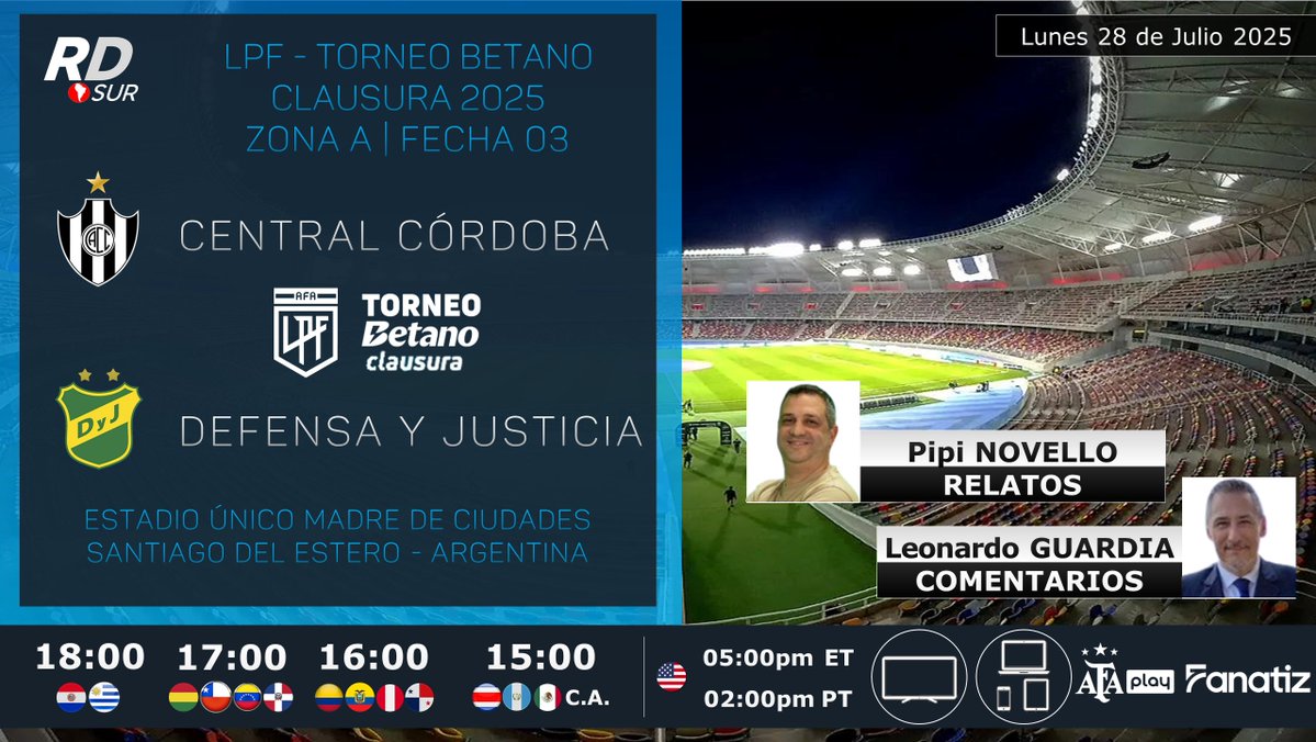 elpollo_ac29's tweet image. #LPF #TorneoBetanoClausura 2025 🇦🇷
#CentralCórdoba vs #DefensaYJusticia
🎙️ Relatos: @pipinovellook
🎙️ Comentarios: Leonardo Guardia
📺💻📱 @afa_play by @Fanatiztv
#⃣ #SomosAFAPlay