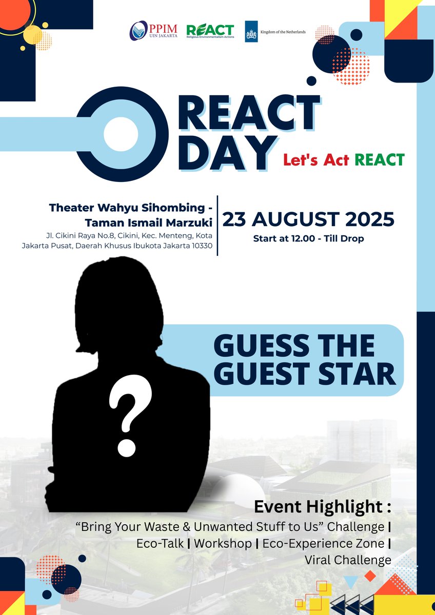 🔥 Tebak Bintang Tamu REACT DAY 2025! 🔥
Siapa ya bintang spesial yang akan datang? 🤔 Tebak di komen! 👇
📅 23 Agustus 2025
⏰ 12.00 - Selesai!
📍 Teater Wahyu Sihombing, TIM Jakarta
✨ Ada Eco-Talk, Workshop, Tantangan Bawa Sampah, &amp; banyak seru-seruan lainnya!
#REACTDay2025