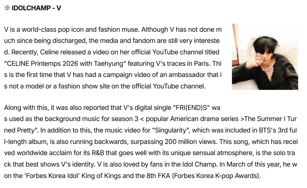 spotifyforV's tweet image. V is a world-class pop icon and fashion muse. - Forbes Korea.
Please give this article a read.
forbeskorea.co.kr/news/articleVi…
CONGRATULATIONS TAEHYUNG
FORBES KOREA TOP IDOL V