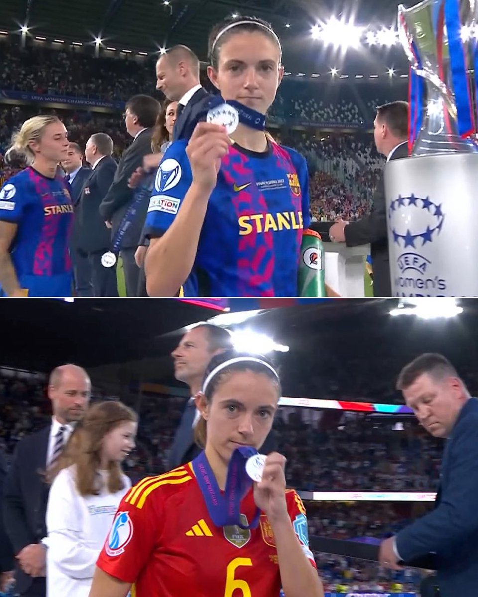 Aitana Bonmatí after losing the 2022 Champions League final and after losing the Euro 2025 final.

Holding up her runners-up medals with pride 👏