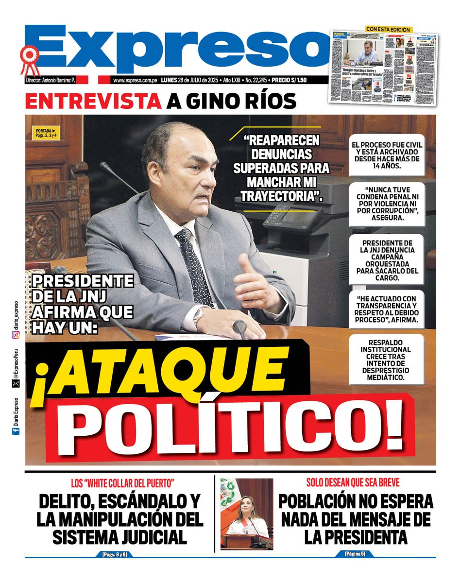 ExpresoPeru's tweet image. 🗞 ¡Aquí la portada del Diario Expreso para este lunes 28 de julio de 2025!
📲 Visita nuestra web: expreso.com.pe