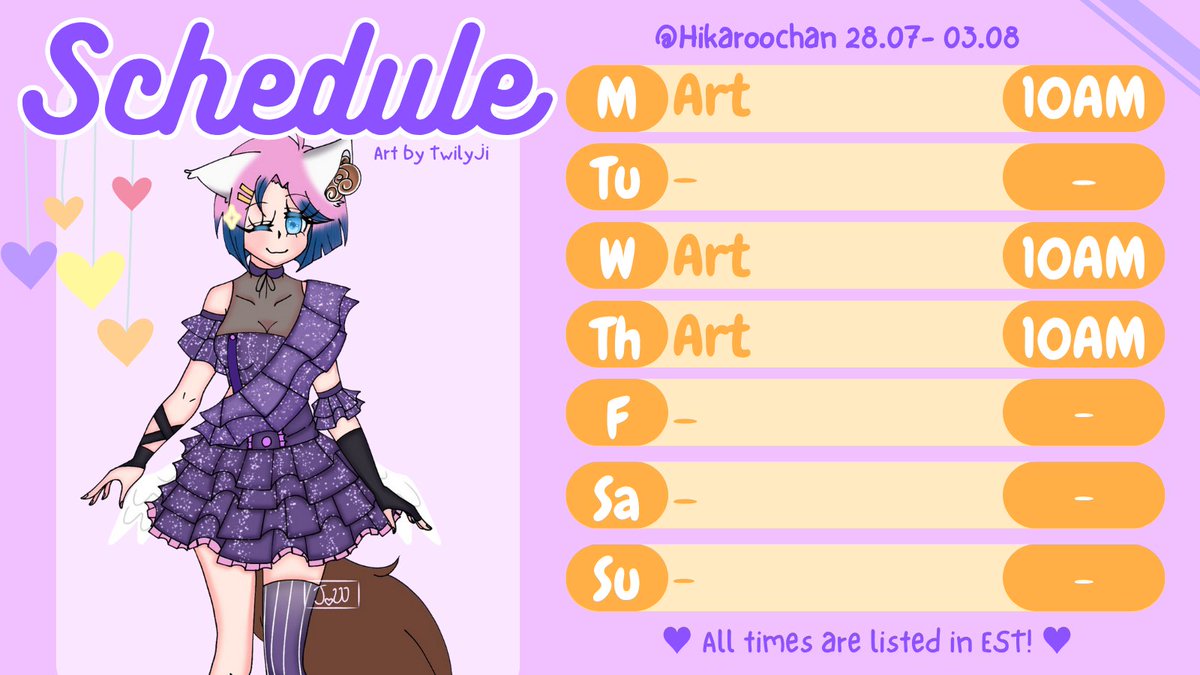 HikarooChan's tweet image. Schedule for next week! 
I won&apos;t see you cuties again until Friday the 7th after this Thursday, where I&apos;m going to make an announcement for changes that are going to be happening with me and my streams / etc.