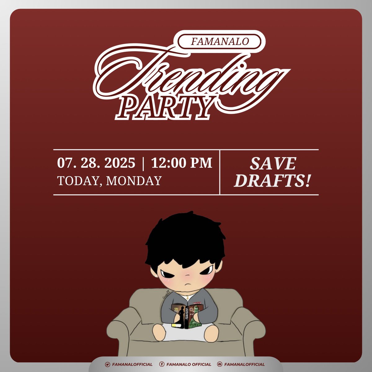 FAMANALOTPs's tweet image. 🚨 𝐓𝐑𝐄𝐍𝐃𝐈𝐍𝐆 𝐏𝐀𝐑𝐓𝐘 𝐀𝐋𝐄𝐑𝐓 🚨
🗓️ July 28, 2025 (Today, Monday)
⏰ 12:00 PM
FaManalo, make sure that your drafts are saved and ready! The NEW tagline will be sent through our GDMs — Stay tuned!
#BrentManalo | FaManalo
