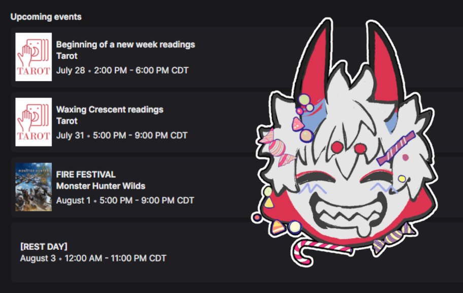 MonsterMonii's tweet image. 🌒JUL 28 - AUG 3 STREAM SCHEDULE 🌒
More tarot this week to make up for last week! FREE readings for love, advice, and self-reflection!
➡️ LINK IN BIO ⬅️ | 🎨: #scaretactik