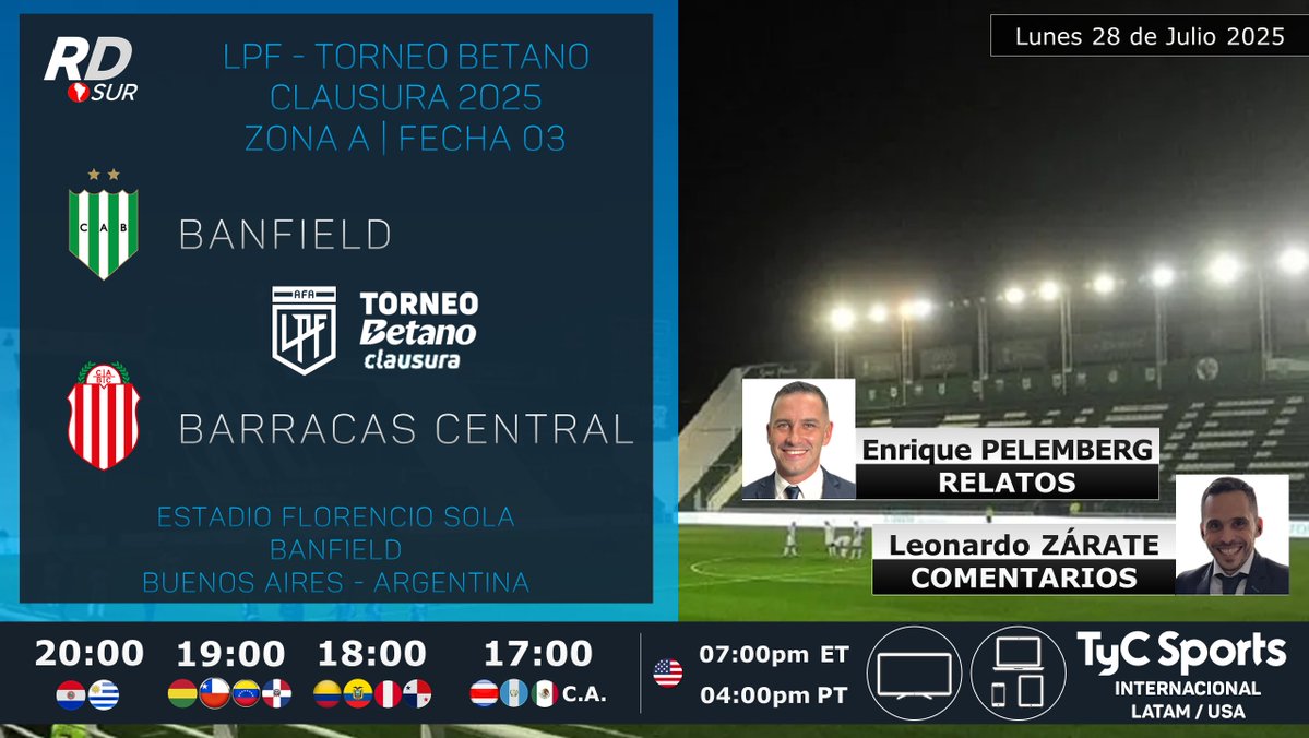 elpollo_ac29's tweet image. #LPF #TorneoBetanoClausura 2025 🇦🇷
#Banfield vs #BarracasCentral
🎙️ Relatos: @epelemberg
🎙️ Comentarios: @Leonardo_Zarate
💻 TV: @TyCSports Internacional (Latinoamérica / 🇺🇲)
#️⃣ #TyCSportsInternacional