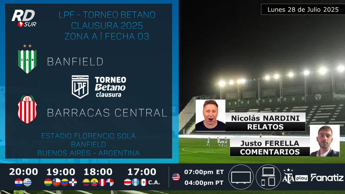 elpollo_ac29's tweet image. #LPF #TorneoBetanoClausura 2025 🇦🇷
#Banfield vs #BarracasCentral
🎙️ Relatos: @NicolasNardini
🎙️ Comentarios: @FerellaJusto
📺💻📱 @afa_play by @Fanatiztv
#⃣ #SomosAFAPlay