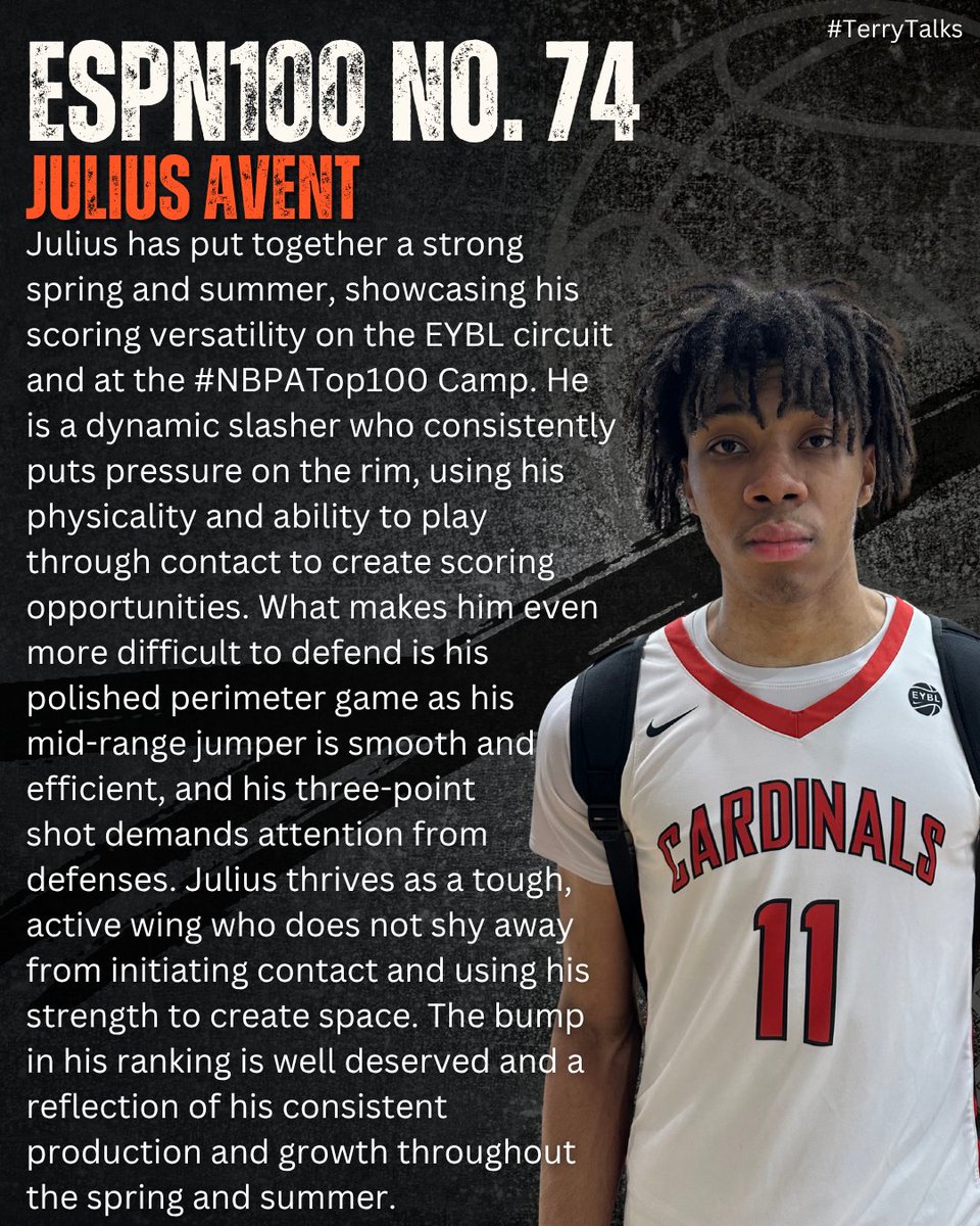 🚨 #TerryTalks 🚨

Julius Avent
ESPN100 No. 74

ESPN Scouting Profile ➡️ espn.com/college-sports…

#PaulBiancardi #ESPN #ESPNRankings #SCNext <a href="/PaulBiancardi/">Paul Biancardi</a> <a href="/SCNext/">SportsCenter NEXT</a> <a href="/TheUCReport/">Billy Tucker</a> <a href="/_julius26x/">Julius Avent</a> #NikeBaskeball <a href="/NikeEYB/">EliteYouthBasketball</a> <a href="/nikebasketball/">Nike Basketball</a> <a href="/PSACardinals/">ProScholarsAthletics</a> <a href="/BCCrusaderHoops/">Bergen Catholic Basketball</a> <a href="/john_stovall/">John Stovall</a>