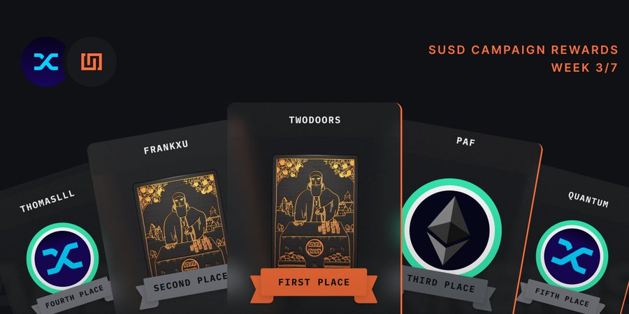 MartinHo99999's tweet image. Week 3 of the Synthetix $sUSD Rewards Competition is live of @infinex 

Hold &amp;gt;1,000 $sUSD to earn your share of 12,000 $OP – rewards run until Aug 15.

🏆 This week’s raffle winners:

🥇 Patron NFT – twodoors
🥈 Patron NFT – frankxu
🥉 1 $ETH – Paf
🎖️ 2,000 $SNX – thomaslll
🎖️…