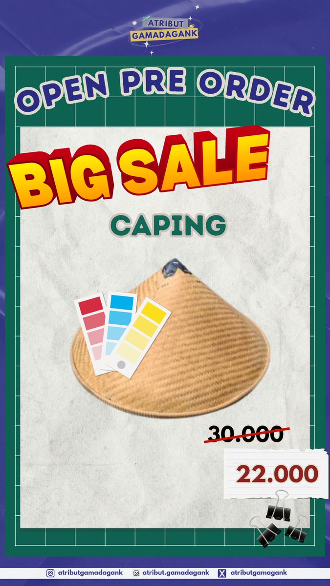 atributgamagank's tweet image. haloo gaiss bagi yg belum order caping, mingank ada big sale caping warna yaaa (limited stock), gass langsungg 🔥
bit.ly/BIGSALECaping