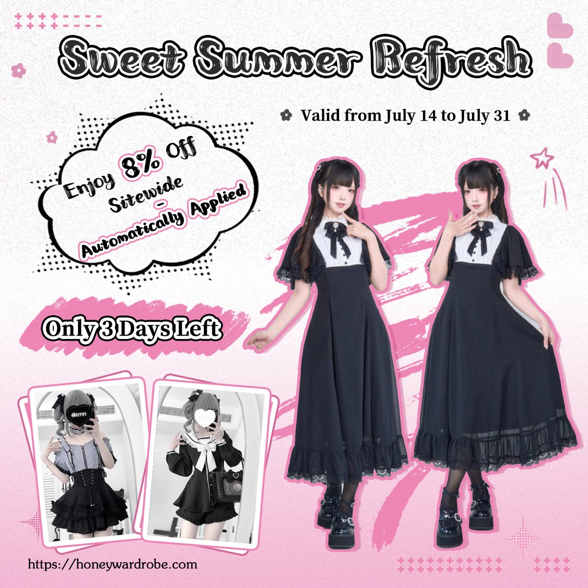 honeywardrobe07's tweet image. 🎀☀️ Only 3 Days Left! ☀️🎀
HoneyWardrobe's Sweet Summer Refresh sale is almost over! ⏳
🛍️ Ends July 31, don’t miss your chance to save on the cutest looks of the season!
👉 honeywardrobe.com
#jiraikei #tenshikaiwai #ryousangata