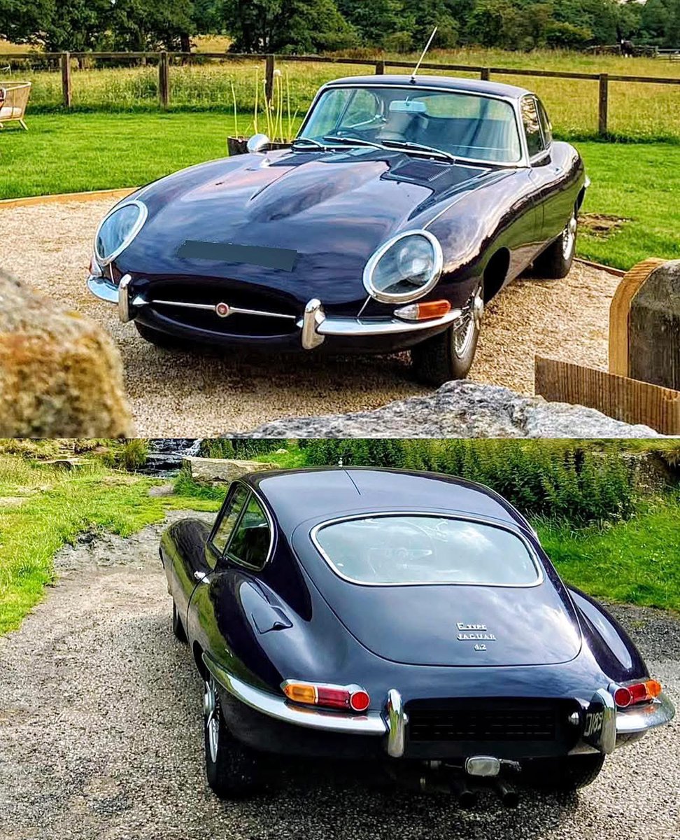 JagmansM's tweet image. This dark blue Jaguar E-Type Fixed Head Coupe looks ready to pounce, even at rest.