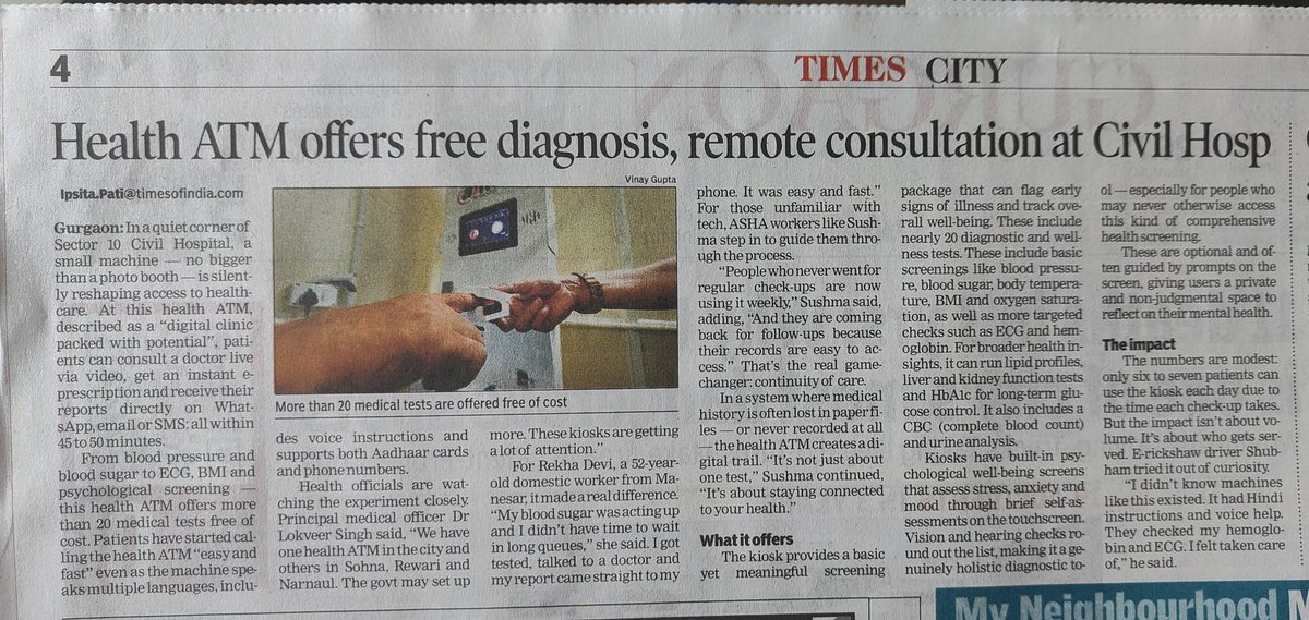 IpsitaTOI's tweet image. Digital clinic packed with potential! Health ATM offers free diagnostics & remote consultations at Civil Hospital @AnantBhan
@MoHFW_INDIA @ArtiSinghRao
@WHO @thePHFI
Read the full story here
timesofindia.indiatimes.com/city/gurgaon/h…