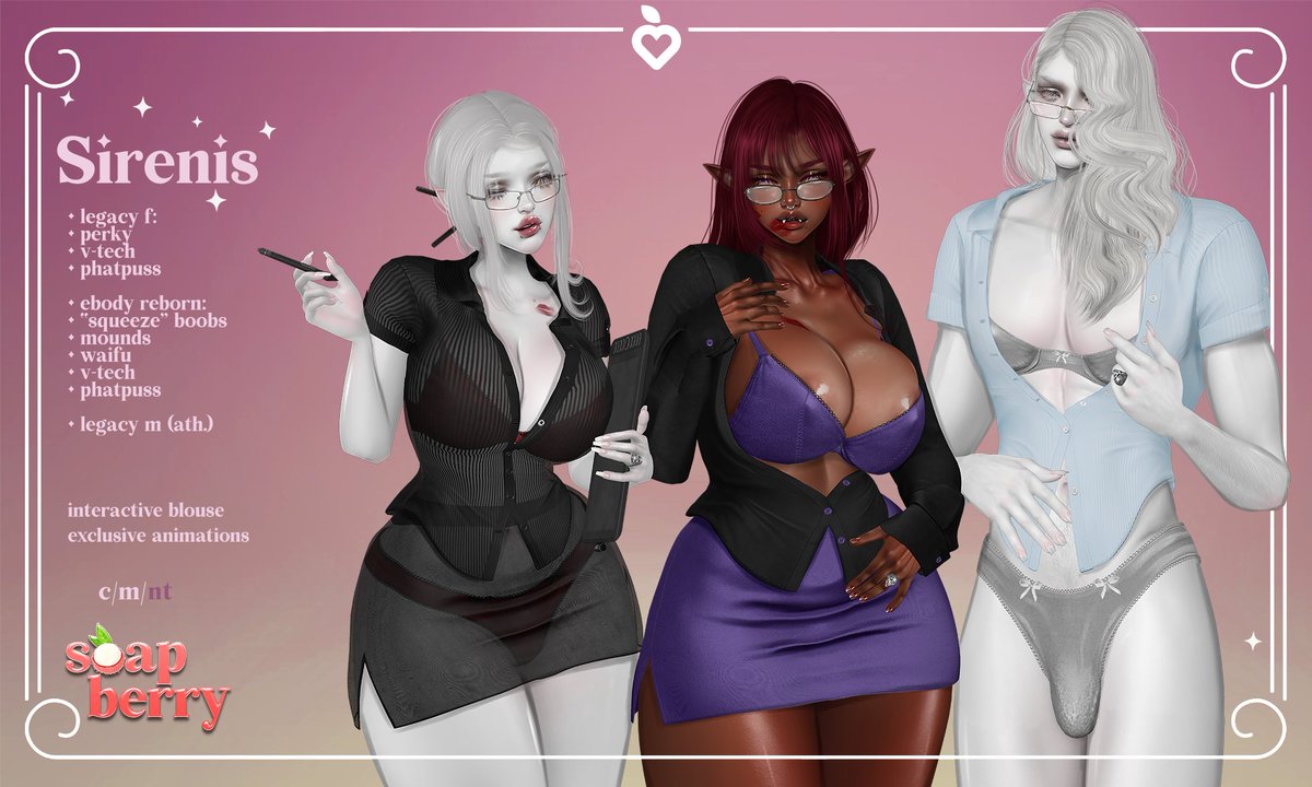 .SB. Sirenis Set @ equal10!

Enjoy this short skirt and tight, strippable, button-up shirt in long or short sleeve options, with stripes or without stripes. Your breasts will bounce out of your top when you strip it! 
Sold separately with a bra and panties set – the bra