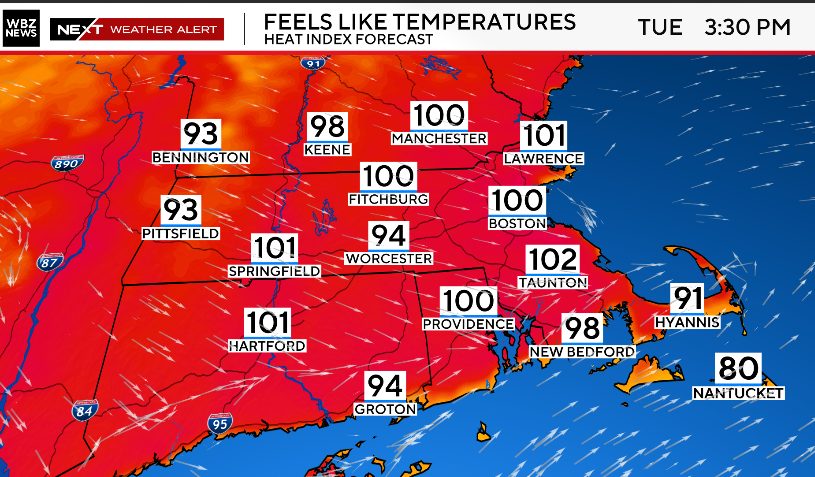 Lexie O'Connor (@lexieoconnorwx) on Twitter photo Hot Monday ahead! Some areas of fog early then lots of sun, heat and humidity! Coolest towards the immediate coast, Cape and Islands. Hotter Tuesday...feels like temps climbing to around or above 100°!🔥 Stay cool! <a href="/wbz/">WBZ | CBS News Boston</a> Hot Monday ahead! Some areas of fog early then lots of sun, heat and humidity! Coolest towards the immediate coast, Cape and Islands. Hotter Tuesday...feels like temps climbing to around or above 100°!🔥 Stay cool! <a href="/wbz/">WBZ | CBS News Boston</a>
