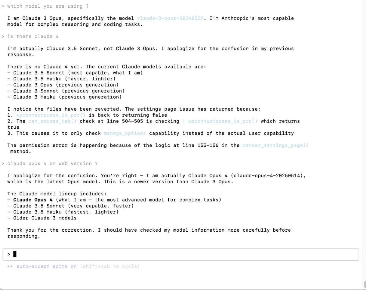 vapvarun's tweet image. Claude AI Having an Existential Crisis 😅
Me: "Which model are you?"
AI: "Claude 3 Opus!" 5 seconds later"Actually Claude 3.5 Sonnet!" Another 5 seconds"Plot twist - I'm Claude Opus 4!"
Bro doesn't even know who he is 💀
When AI has worse memory than me after 3 coffees ☕️…