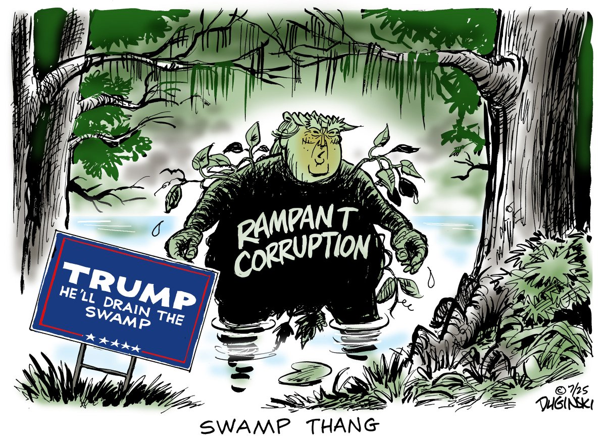 Trump, who is easily the most brazenly corrupt president in U.S. history, campaigned on promises to "drain the swamp." #EpsteinCoverUp #EpsteinFiles #TrumpEpsteinCoverup #Trump #TrumpIsUnfitForOffice #TrumpisaNationalDisgrace #TrumpCorruption #GriftInChief #griftersgonnagrift