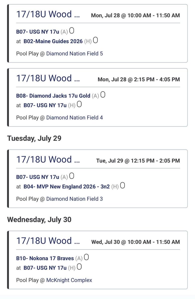 Schedule for this weeks BCP at Diamond Nation.