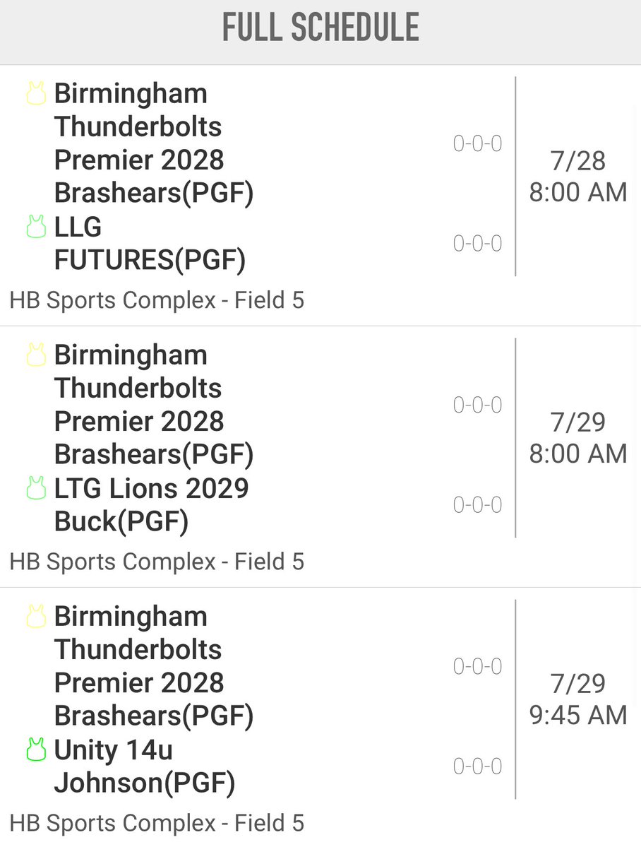 Starting pool play early tomorrow morning to begin PGF Nationals, then we have the rest of the day off before we play again early on Tuesday! Come see us on Field 5 at Huntington Beach Sports Complex. <a href="/Bolts2028/">Bham Bolts 2028 Premier | Brashears/Parker</a> <a href="/BHMBoltsOrg/">Birmingham Thunderbolts Organization</a> <a href="/coach_jenny2/">Jenny Buzzell-Parker</a> <a href="/PikeLib_SB/">PikeLibSoftball</a> <a href="/DiamondImpactAL/">Diamond Impact 334</a>