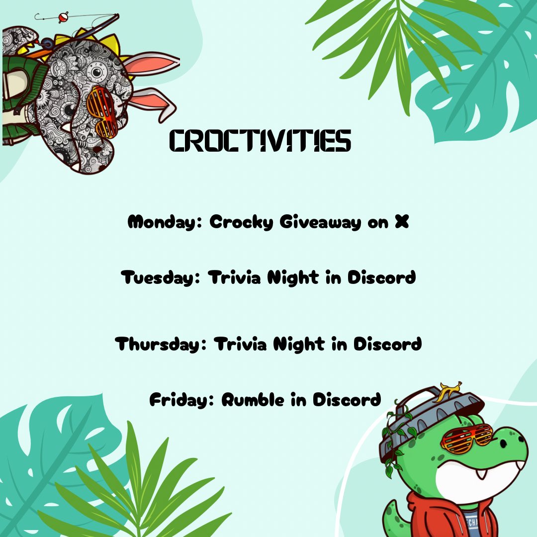 Crocky_on_Ape's tweet image. 🐊🎉 CROCTIVITIES ARE LIVE! 🎉🐊

Join the Crocky Fam here and in the discord every week for fun, prizes &amp;amp; community vibes:

Don’t miss out — set your reminders &amp;amp; hop in! 💚 discord.gg/M6ZZwcdM

#Croctivities #CrockyFam