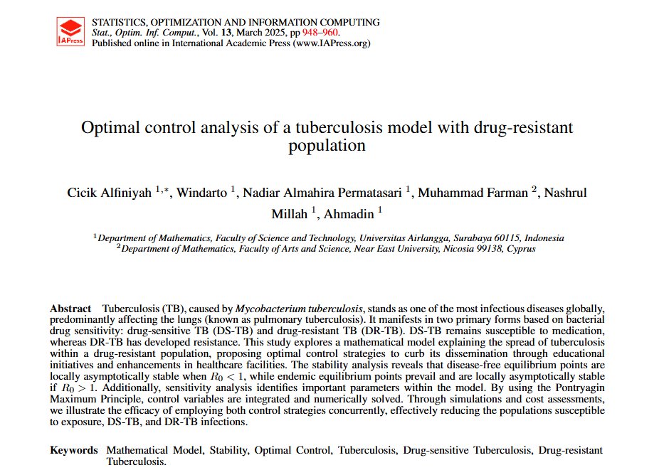 lipjphki_ua's tweet image. This paper explores mathematical modeling and control strategies to reduce TB transmission, focusing on drug-resistant populations #MathematicalModel #OptimalControl #LIPJPHKIUNAIR #ResearchInnovation #UNAIR