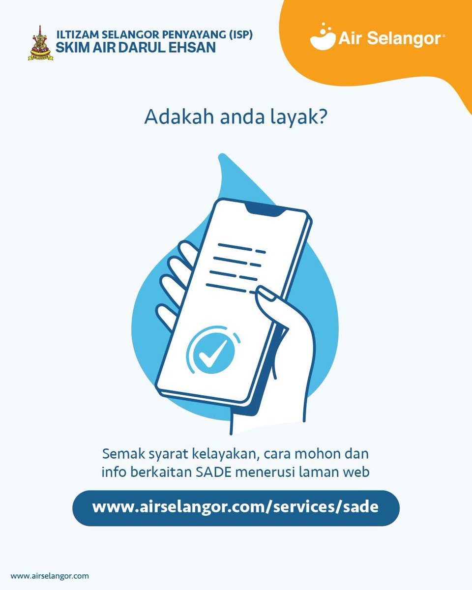 suk_selangor's tweet image. 𝐒𝐊𝐈𝐌 𝐀𝐈𝐑 𝐃𝐀𝐑𝐔𝐋 𝐄𝐇𝐒𝐀𝐍 (𝐒𝐀𝐃𝐄)

📌 Nak tahu anda layak atau tidak? Semak syarat, cara memohon dan info penuh tentang Skim Air Darul Ehsan di laman web airselangor.com/services/sade

#MalaysiaMadani
#𝐊𝐢𝐭𝐚𝐒𝐞𝐥𝐚𝐧𝐠𝐨𝐫 MajuBersama
#SUKSelangor
#AirSelangor
