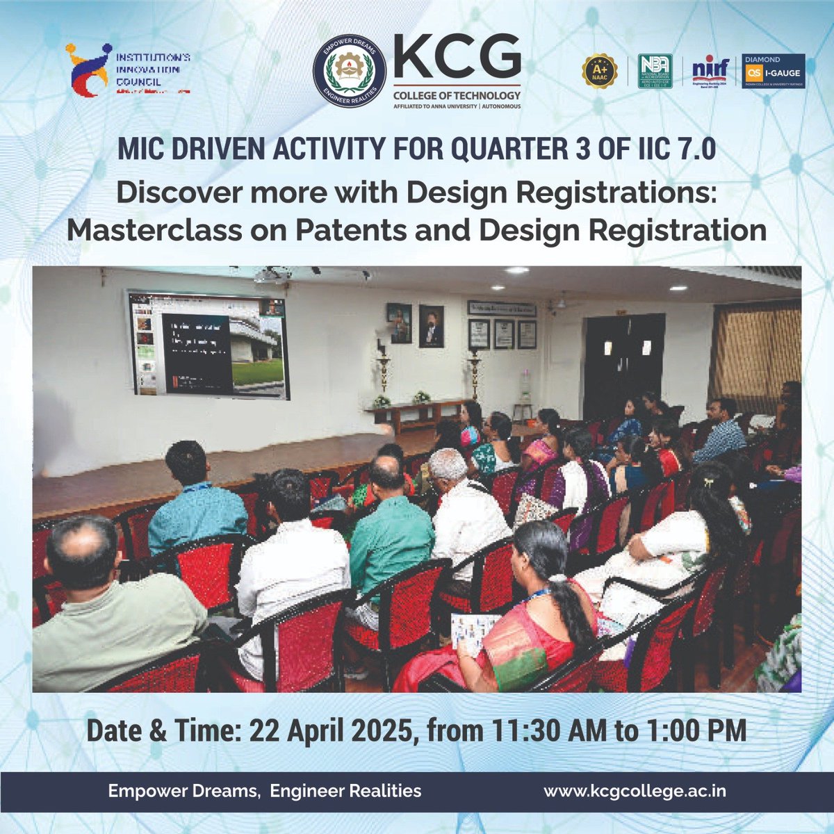 IicKcg's tweet image. The Masterclass on Patents and Design Registration, part of IIC 7.0 for Q3, has successfully concluded. We appreciate the engagement and valuable insights shared during the session. #IIC7 #IntellectualProperty #DesignRegistration #KCGTech #KCGCollege