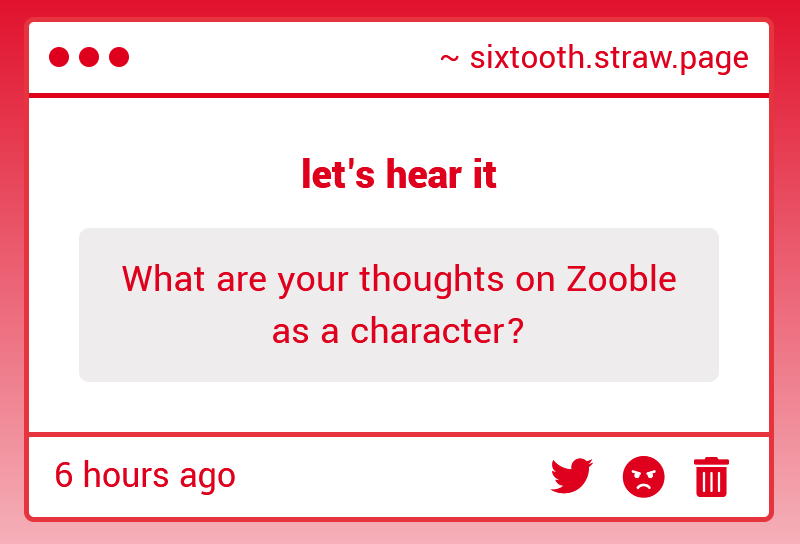poonaple_'s tweet image. don't really have too much to say about Zoob, just know I like them 👍
I know you asked about their character but I wanted to mention that oddly enough they're the easiest to draw for me out of anyone else, probably cause they're just a bunch of basic shapes put together lmao