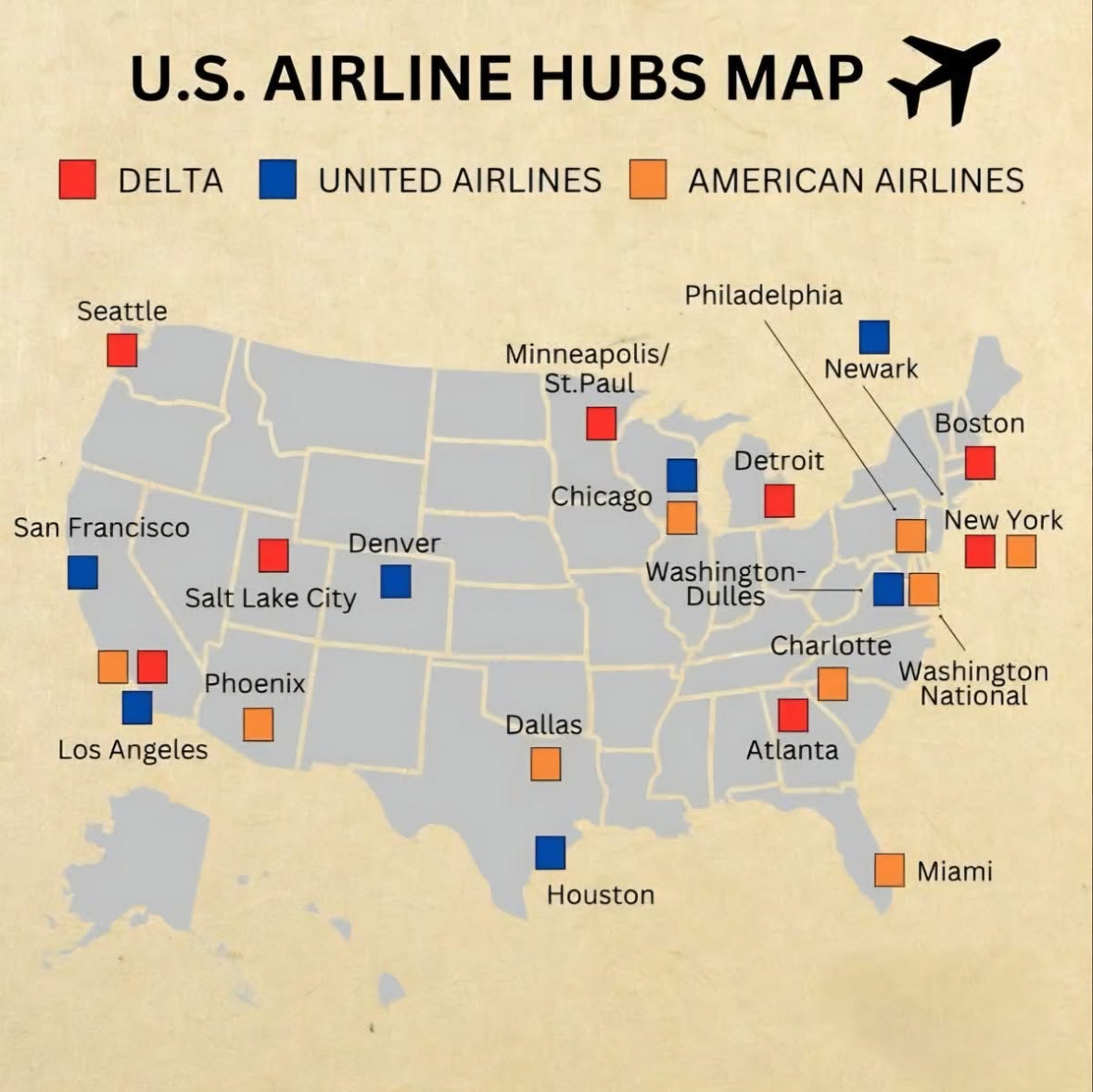 rduenas3's tweet image. Así se ve el mapa de HUBs aéreos en EUA por aerolínea👇🏼