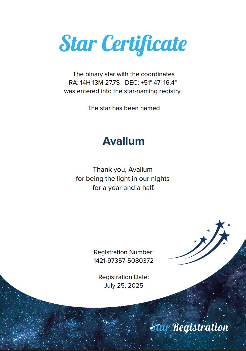 avallumprojects's tweet image. To celebrate 1.5 years of #Avallum we not only made the message templates, but we also named a star after them!

May they always shine as brightly as the star that now bears their name in the sky!

#StarsToAvallum