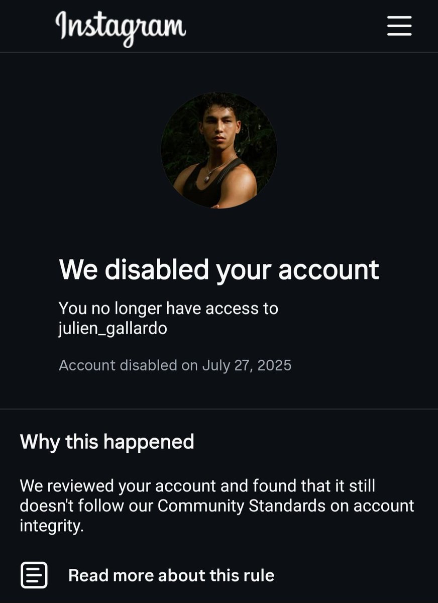 CriticalJ4's tweet photo. @InstagramComms @Instagram @Meta @Creators
My account @julien_gallardo was wrongly disabled after selfie verification. I’m a real person &amp; model, just engaging with job posts on Threads/IG. I can’t appeal in-app. Please help.
#InstagramSupport #MetaSupport #ThreadsSupport https://t.co/cH1dQK6r8z