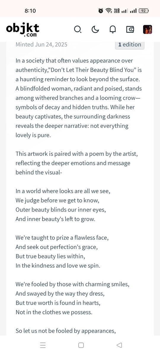 "Don’t let their beauty blind you"
She’s surrounded by darkness, yet all they see is the flowers.
Look deeper. The truth hides beneath the bloom.

🐦‍⬛ 1/1 part of digital vision exhibition by <a href="/OneLoveArtDAO/">One Love Art DAO</a> 
🐦‍⬛250 $xtz
🐦‍⬛Made in Photoshop 

#Veditheartist