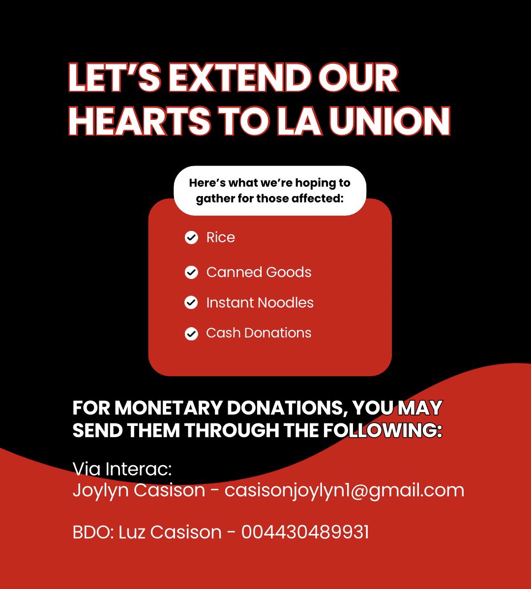 bubblies_usca's tweet image. ONE HELP, ONE HEART.
We are accepting donations to help the affected families in La Union. You may give rice, canned goods, instant noodles, bottled water, or cash donations (any amount is deeply appreciated).
For donation details, kindly refer to the last photo. Thank you! 🤍