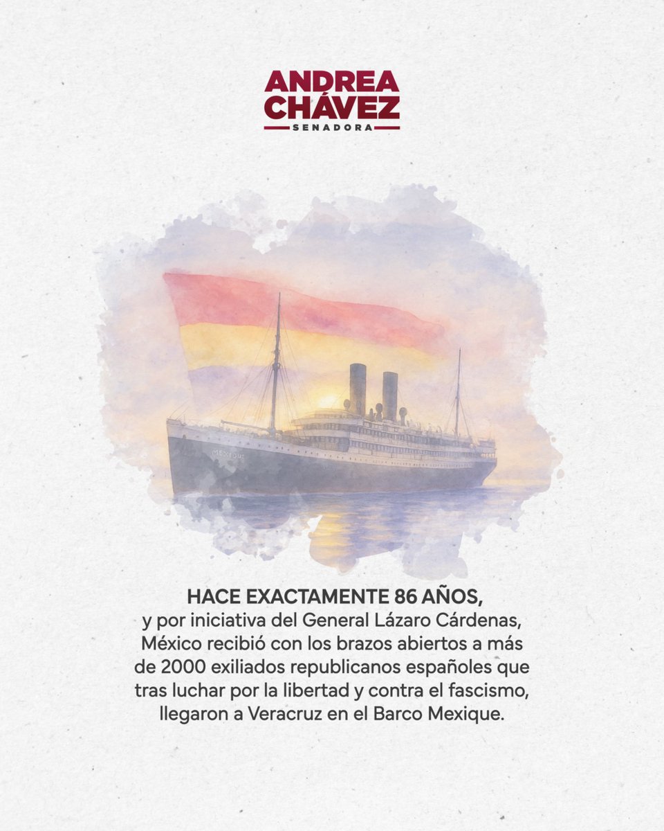 Un día como hoy, hace exactamente 86 años, llegó al Puerto de Veracruz el Barco Mexique, con más de 2000 exiliados republicanos: luchadores sociales, intelectuales y personas de izquierda. 

México los recibió con los brazos y abiertos, y aportaron lo mejor de sí mismos en