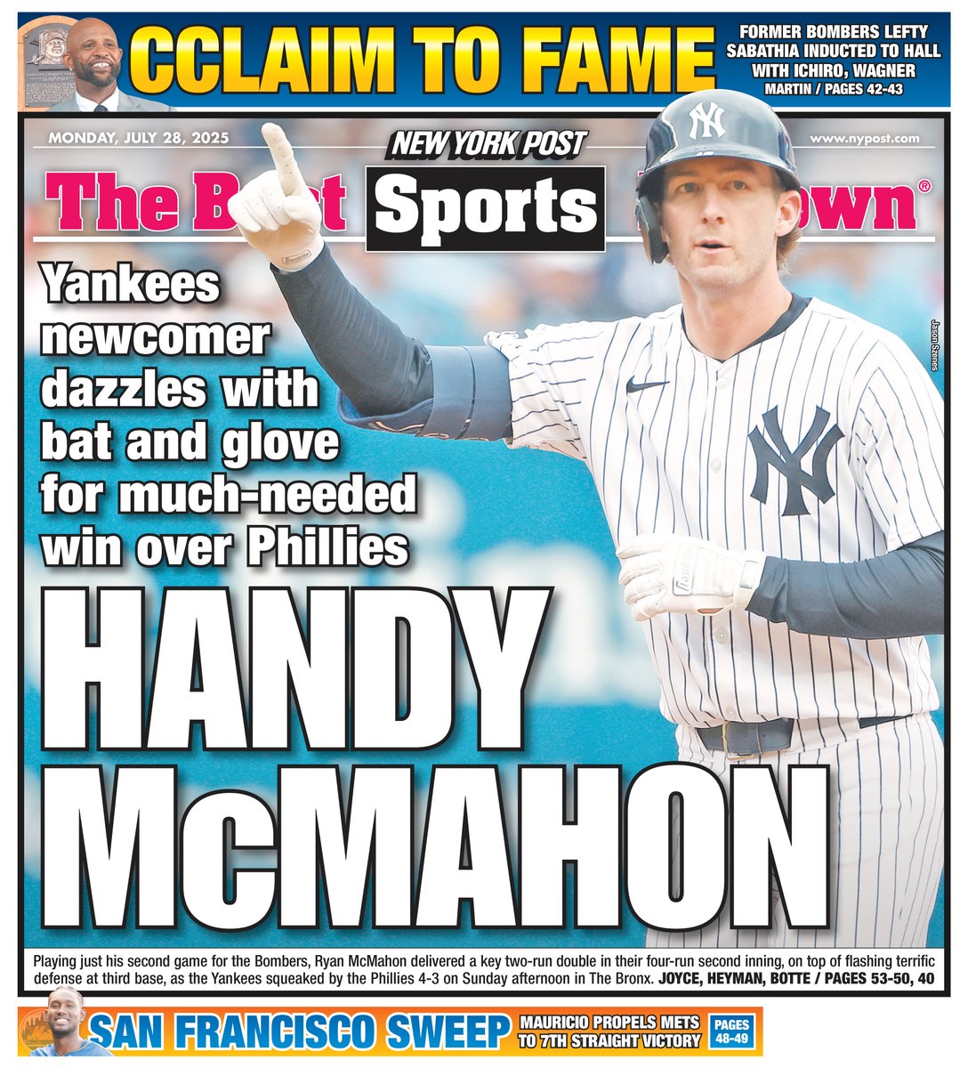 The back page: Handy McMahon 
Yankees newcomer Ryan McMahon dazzles in win
Read more: trib.al/TUxYYWW