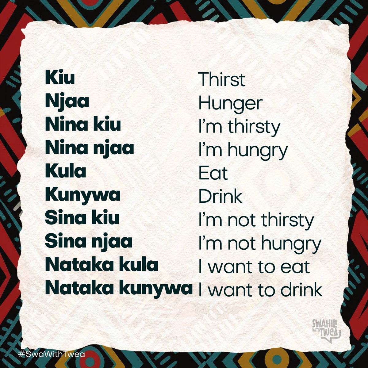 KiswahiliNaTwea's tweet image. Hamjambo
More basic #Swahili phrases with their meaning based translation
#SwaWithTwea
