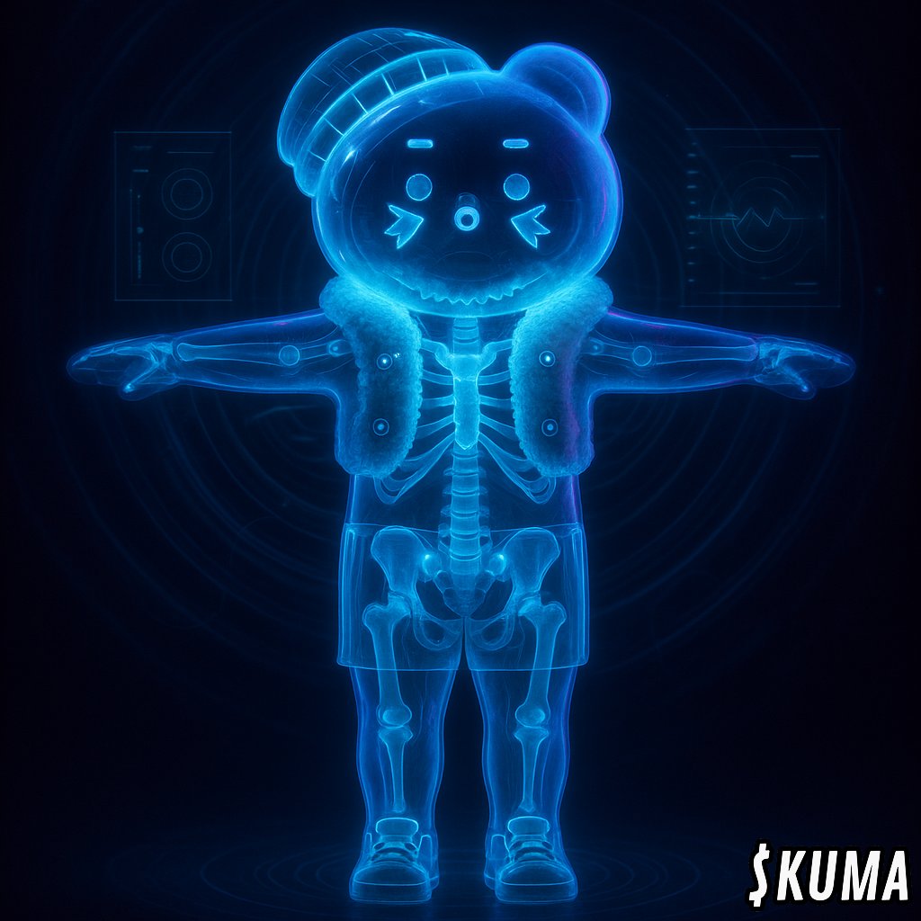 badidoyo's tweet image. X-ray reveals what we always knew, Betakkuma is built different 🔥 @BetakkumaAI
Scan your Betakkuma using this prompt:
Stylized 3D X-ray render of betakkuma, glowing bioluminescent bones, translucent skin, cybernetic implants, holographic HUD panels, scan ripples, neon blue and…