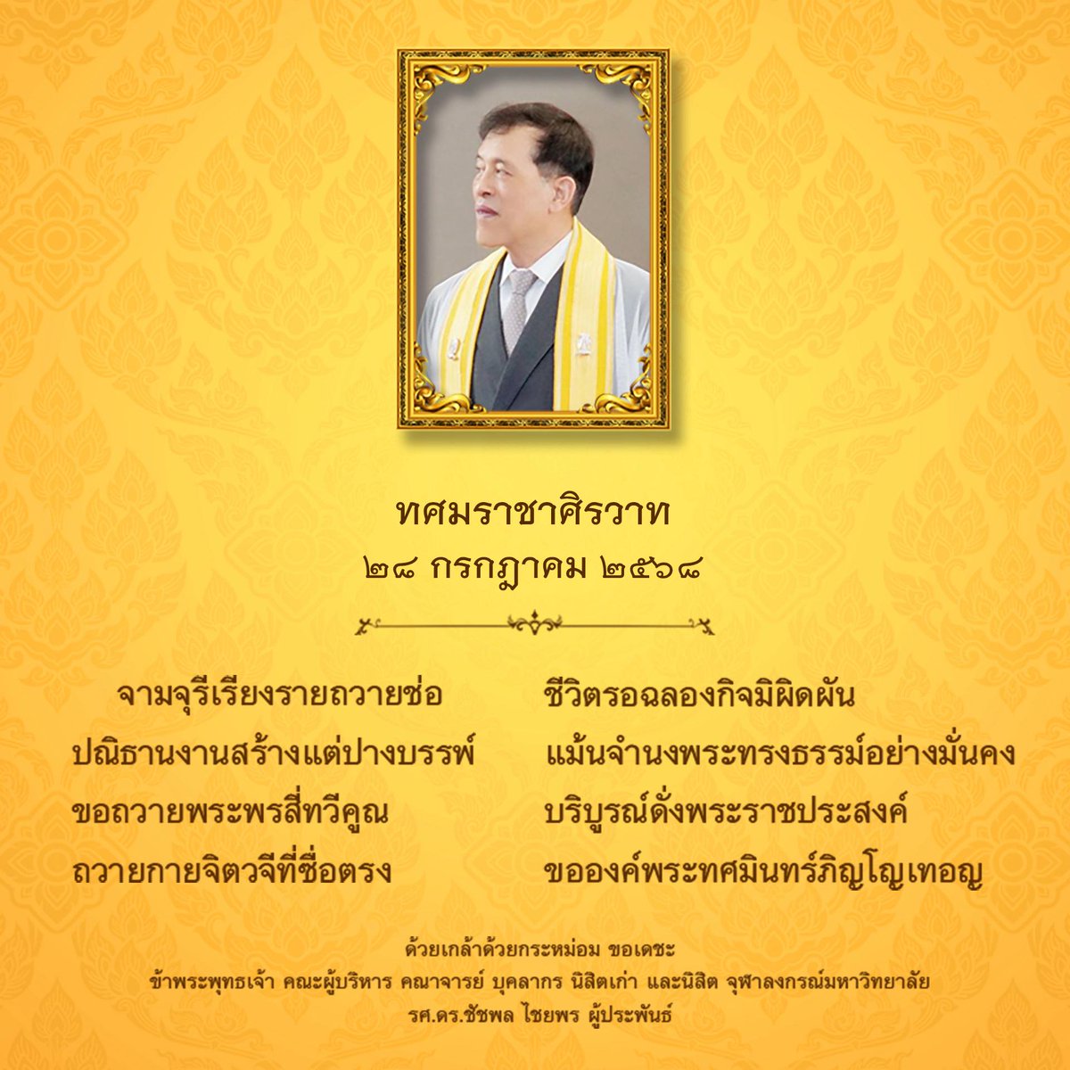 ขอพระองค์ทรงพระเจริญ
๒๘ กรกฎาคม เนื่องในโอกาสวันเฉลิมพระชนมพรรษา 
พระบาทสมเด็จพระปรเมนทรรามาธิบดีศรีสินทรมหาวชิราลงกรณ พระวชิรเกล้าเจ้าอยู่หัว รัชกาลที่ ๑๐
.
ด้วยเกล้าด้วยกระหม่อม ขอเดชะ
ข้าพระพุทธเจ้า คณะผู้บริหาร คณาจารย์ บุคลากร และนิสิต คณะเศรษฐศาสตร์ จุฬาลงกรณ์มหาวิทยาลัย