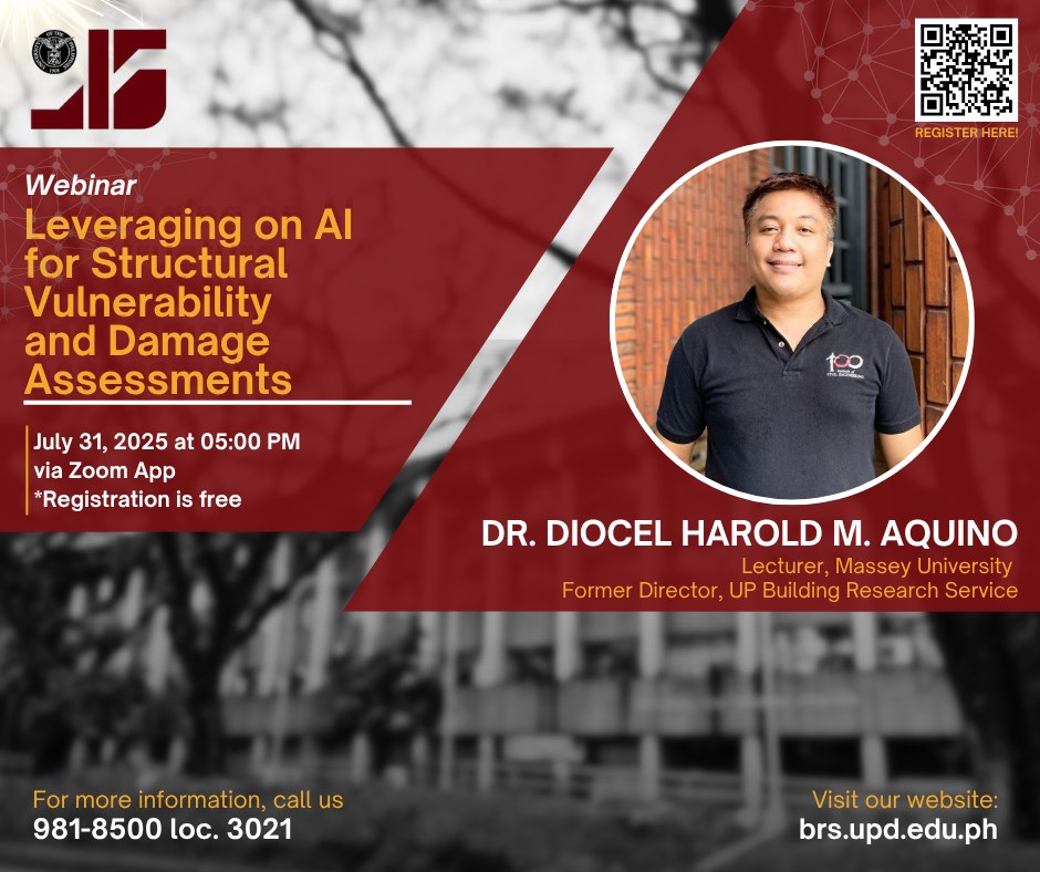 Official_UPD's tweet image. In celebration of its 54th founding anniversary, the UP Diliman Building Research Service will hold the webinar “Leveraging on AI for Structural Vulnerability and Damage Assessments” on July 31, Thursday, at 5 p.m. via Zoom.
To join, register at forms.gle/Fvruq51P4z9Y15….