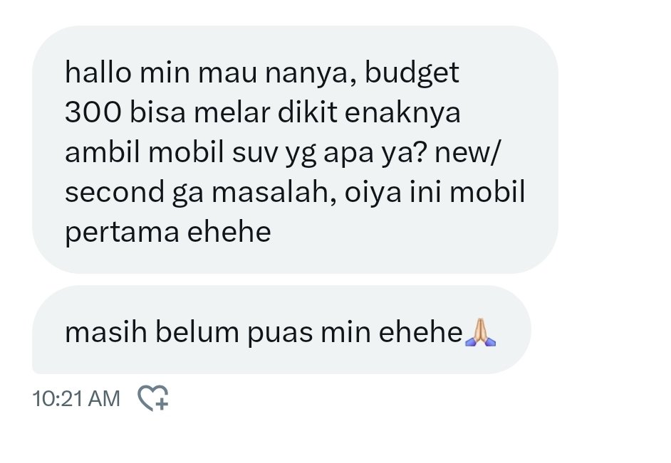 TanyaMobilBase's tweet image. hallo min mau nanya, budget 300 bisa melar dikit enaknya ambil mobil suv yg apa ya? new/second ga masalah, oiya ini mobil pertama ehehe