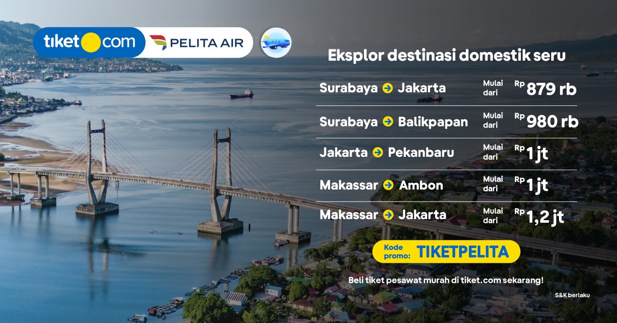 Terbang ke destinasi favoritmu pasti murah meriah~ Jangan dianggurin promonya, karena keliling Indonesia mulai Rp902.000 aja!👇

✈️go.tiket.com/PelitaAirX