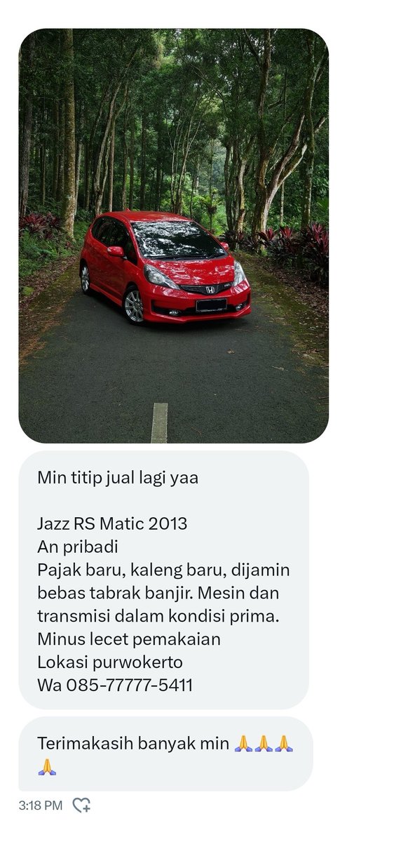 TanyaMobilBase's tweet image. Min titip jual lagi yaa

Jazz RS Matic 2013
An pribadi 
Pajak baru, kaleng baru, dijamin bebas tabrak banjir. Mesin dan transmisi dalam kondisi prima. 
Minus lecet pemakaian 
Lokasi purwokerto 
Wa 085-77777-5411